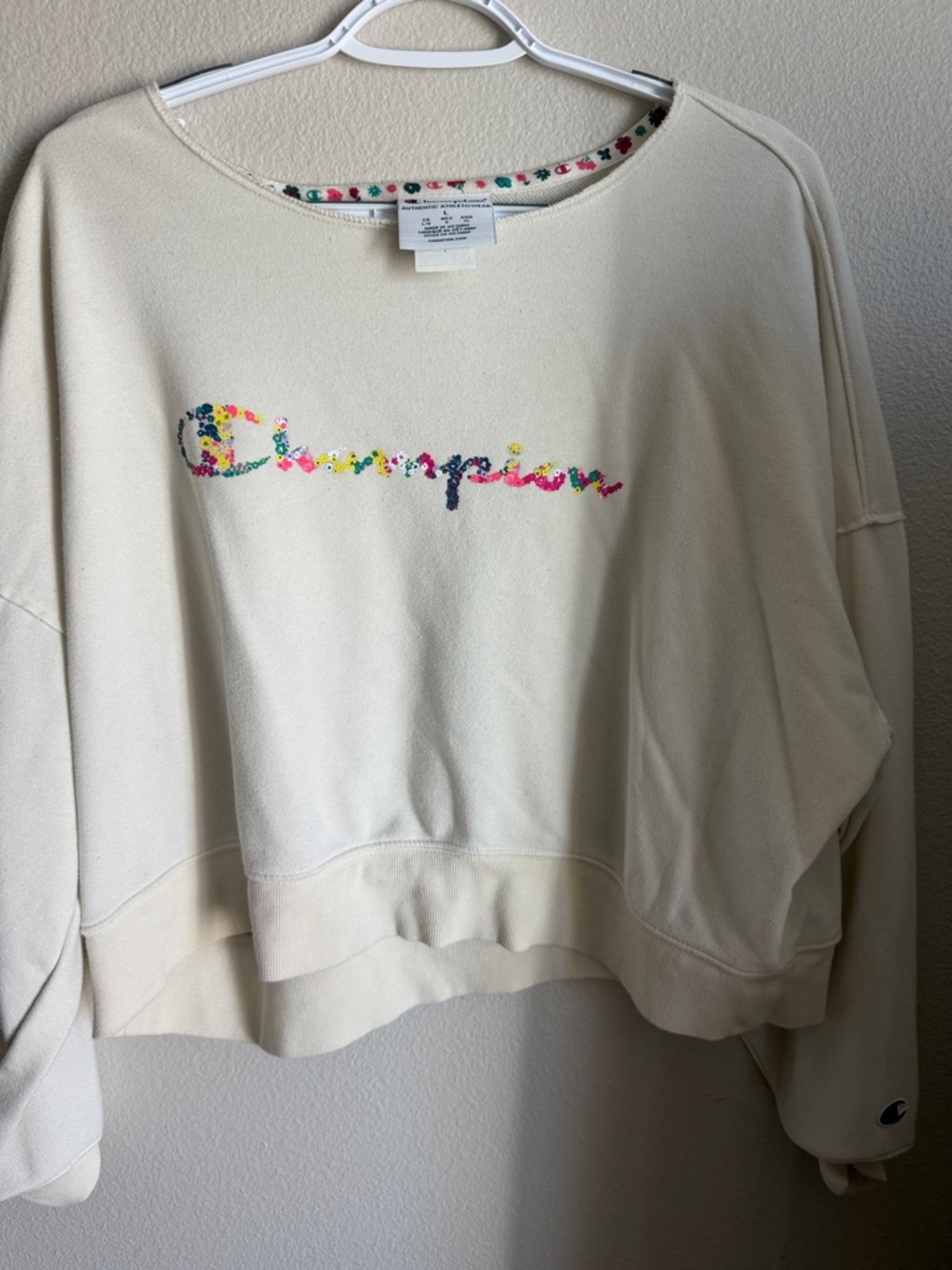 Champion Cream Crewneck Sweatshirt with Multicolor Floral Script
